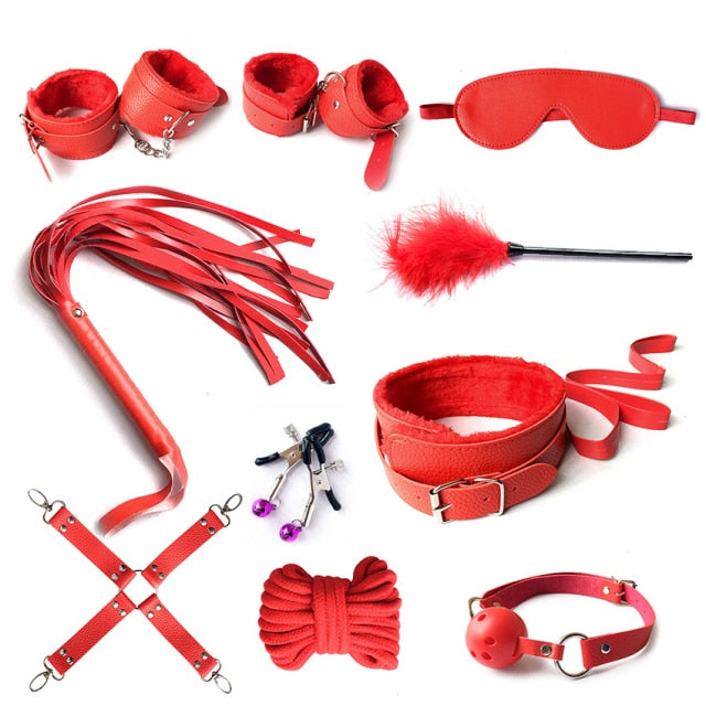 10 Pcs/ Bondage Set Tail Anal Plug Handcuffs Nipple Clamps Gag Whip Rope Toys