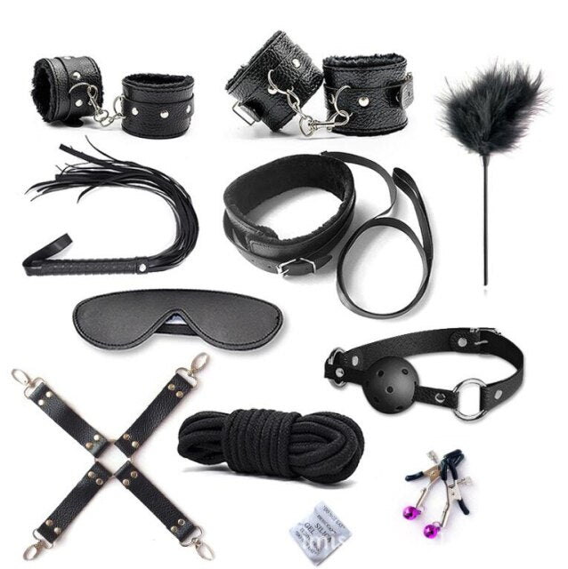 10 Pcs/ Bondage Set Tail Anal Plug Handcuffs Nipple Clamps Gag Whip Rope Toys